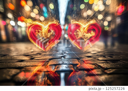 Sparkling Hearts in the Glorious City Lights, evoking feelings of love and romance 125257226