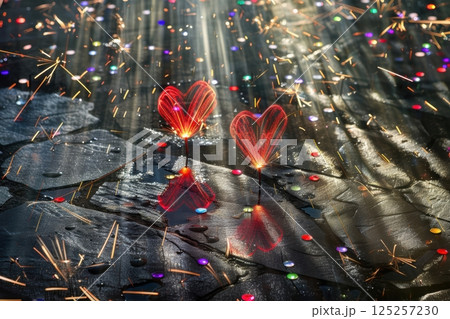 Sparkling Hearts adorning a Beautiful Reflective Surface create a Magical Atmosphere 125257230