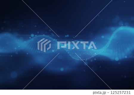 Digital abstract image featuring a luminous wave of glowing blue dots and light particles forming a smooth data flow pattern over a dark blue background. 125257231