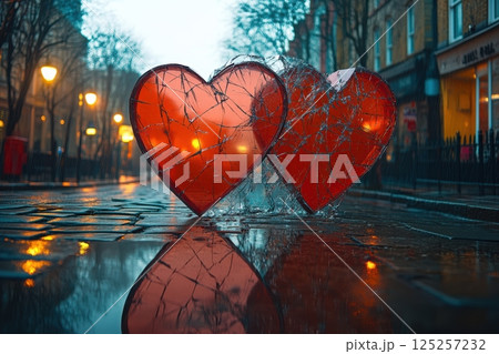 Shiny heart shapes are beautifully reflected on the wet street during a rainy atmosphere 125257232
