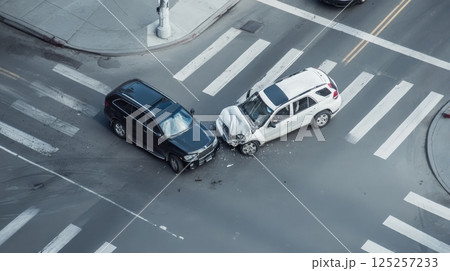 Aerial photograph showing a traffic accident at an intersection between a black SUV and a white SUV, with the white vehicle's front end crumpled and both cars stopped in the crosswalk area. 125257233
