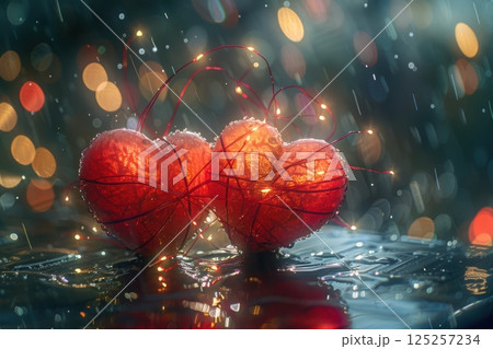 Shimmering Hearts radiate warmth and beauty, brightening an enchanting rainy atmosphere 125257234
