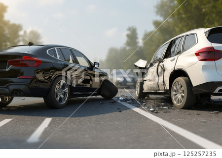 A realistic photo of a car accident showing two SUVs that have collided on an urban street, with visible front-end damage, shattered glass, and debris around the crash site. 125257235