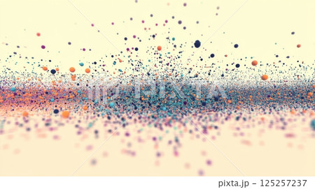 A vibrant digital illustration of hundreds of small, multicolored spheres floating outward in a scattered pattern against a cream background, evoking motion and chaos. 125257237
