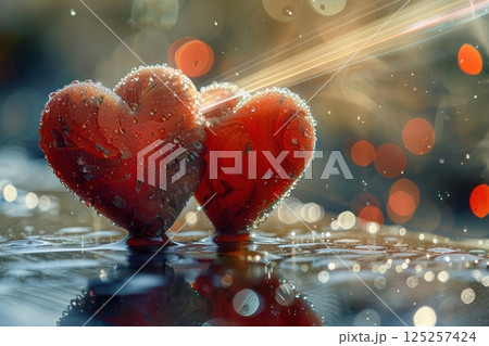 Romantic Hearts adorned with Dewdrops and illuminated Light Rays creating a beautiful scene 125257424