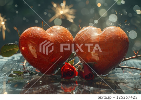 Romantic Hearts adorned with Beautiful Roses and Shimmering Sparkles for Love Themes 125257425