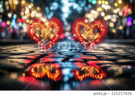 Romantic hearts adorned with beautiful reflections set in a blissful and dreamy atmosphere 125257426