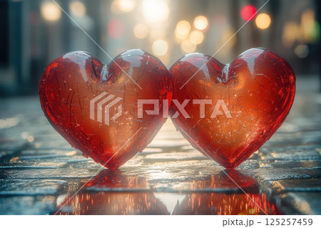 In an enchanting urban street scene, beautiful love hearts glimmer softly with gentle raindrops 125257459