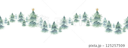Christmas spruces snow-covered with golden star decoration, forest winter landscape. Hand drawn watercolor isolated seamless border. Fir trees for New Year festive packaging tape, horizontal banner Christmas spruces snow-covered with golden star decoration, forest winter landscape. Hand drawn watercolor isolated seamless border. Fir trees for New Year festive packaging tape, horizontal banner 125257509