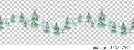 Christmas spruces snow-covered with golden star decoration, forest winter landscape. Hand drawn watercolor isolated seamless border. Fir trees for New Year festive packaging tape, horizontal banner Christmas spruces snow-covered with golden star decoration, forest winter landscape. Hand drawn watercolor isolated seamless border. Fir trees for New Year festive packaging tape, horizontal banner 125257509