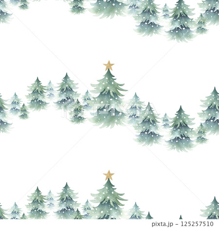 Christmas spruces snow-covered with festive golden star decoration. Hand drawn isolated watercolor seamless pattern of forest winter landscape for New Year festive packing paper, fabric and textile Christmas spruces snow-covered with festive golden star decoration. Hand drawn isolated watercolor seamless pattern of forest winter landscape for New Year festive packing paper, fabric and textile 125257510