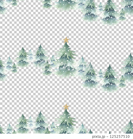 Christmas spruces snow-covered with festive golden star decoration. Hand drawn isolated watercolor seamless pattern of forest winter landscape for New Year festive packing paper, fabric and textile Christmas spruces snow-covered with festive golden star decoration. Hand drawn isolated watercolor seamless pattern of forest winter landscape for New Year festive packing paper, fabric and textile 125257510