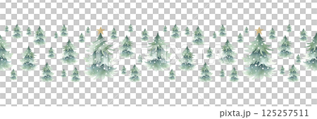 Christmas trees snow-covered with festive golden star decoration on top, forest winter landscape. Watercolor seamless border. Hand drawn isolated horizontal banner for New Year festive packaging tape Christmas trees snow-covered with festive golden star decoration on top, forest winter landscape. Watercolor seamless border. Hand drawn isolated horizontal banner for New Year festive packaging tape 125257511