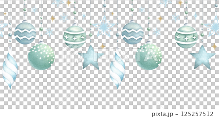 Christmas tree watercolor balls in green and blue colors, snowflakes and golden stars seamless border. Hand drawn isolated illustration of New year ornaments for festive packaging and postcards 125257512