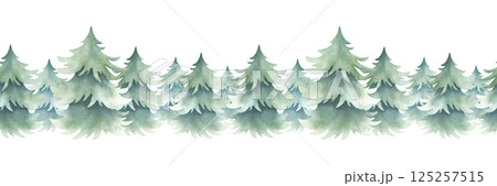 Spruces forest in simple style. Hand drawn watercolor isolated seamless border green lush fir trees for Christmas and Happy New Year horizontal banners, festive packaging and landscape designs Spruces forest in simple style. Hand drawn watercolor isolated seamless border green lush fir trees for Christmas and Happy New Year horizontal banners, festive packaging and landscape designs 125257515