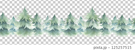 Spruces forest in simple style. Hand drawn watercolor isolated seamless border green lush fir trees for Christmas and Happy New Year horizontal banners, festive packaging and landscape designs Spruces forest in simple style. Hand drawn watercolor isolated seamless border green lush fir trees for Christmas and Happy New Year horizontal banners, festive packaging and landscape designs 125257515