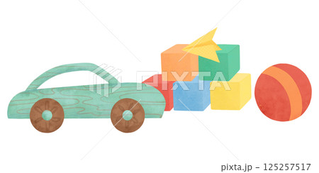 A composition of children's toys, a car, a ball, colored cubes, a paper airplane, handmade digital illustration on a white background 125257517