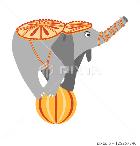 Circus chapito set. Vector characters of strongman, clown, juggler and magician. Cute elephant, lion, horse, zebra, seal and bear on circus stage 125257546