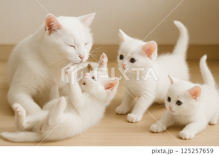 日本猫の白色の親猫と白色の子猫 125257659