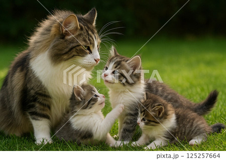 ノルウェージャン・フォレスト・キャットの親猫と子猫 125257664
