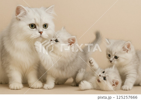 ペルシャ（チンチラ）の親猫と子猫 125257666