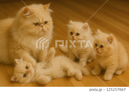 ペルシャの親猫と子猫 125257667