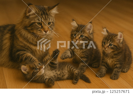 メイン・クーンの親猫と子猫 125257671