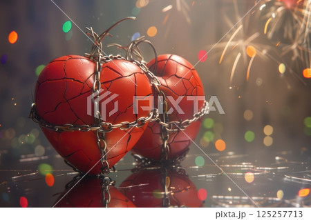 Broken Hearts Connected by Chains Set Against a Beautifully Sparkling Background 125257713