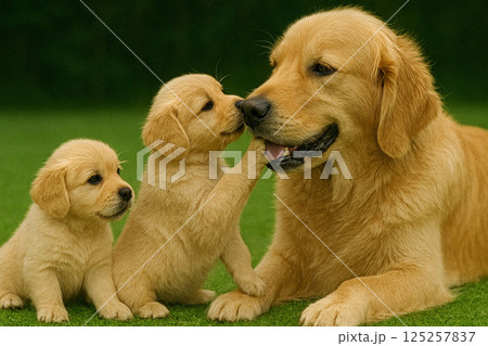 ゴールデン・レトリーバーの親犬と子犬 125257837