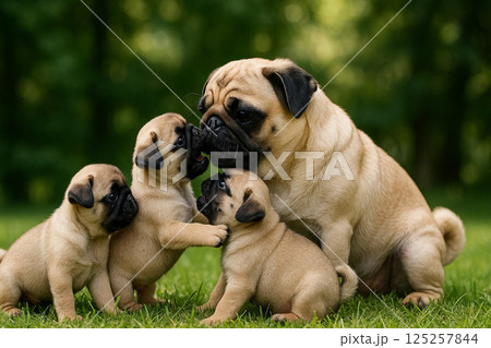 パグの親犬と子犬 125257844