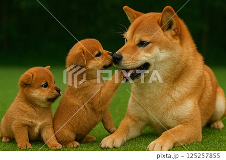 柴犬の親犬と子犬 125257855