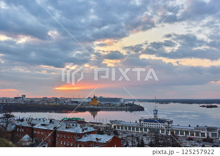 Sunset Over Strelka with Alexander Nevsky Cathedral 125257922