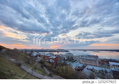 Panoramic View to Sunset Over Strelka with Alexander Nevsky Cathedral Panoramic View to Sunset Over Strelka with Alexander Nevsky Cathedral 125257923