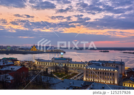 Twilight Over Strelka with Illuminated Landmarks Twilight Over Strelka with Illuminated Landmarks 125257926