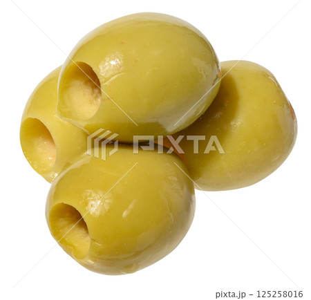 Small cluster of four smooth, pitted green olives, isolated background. Small cluster of four smooth, pitted green olives, isolated background. 125258016