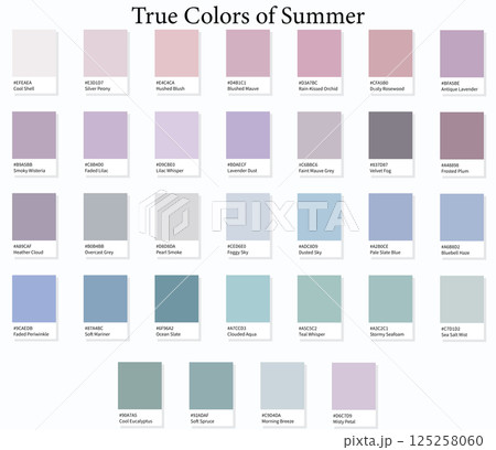 Colour Swatches 32 True Colors of Summer - 3d Light Soft, Muted, Pastel Tones - with HEX Codes and Names, Color Palette, Scheme, Chart and Combinations 125258060