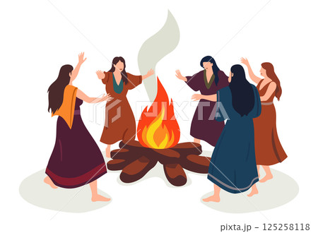 Round dance around fire. Summer pagan tradition symbolizing eternal rotation of sun. Women dancing around fire. Vector isolated illustration 125258118