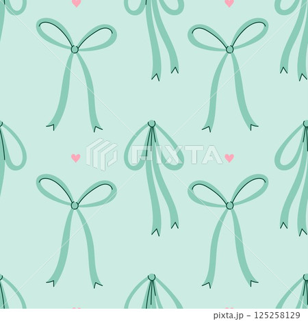 Simple seamless pattern with blue bows and pink hearts. Vector graphics 125258129