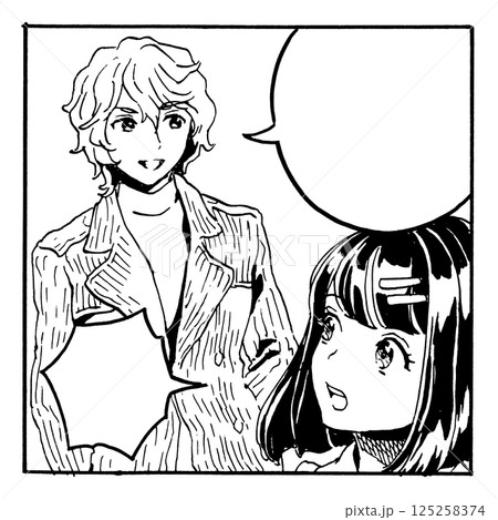 コマ割り漫画風・話しかけられて振り返るイラスト コマ割り漫画風・話しかけられて振り返るイラスト 125258374