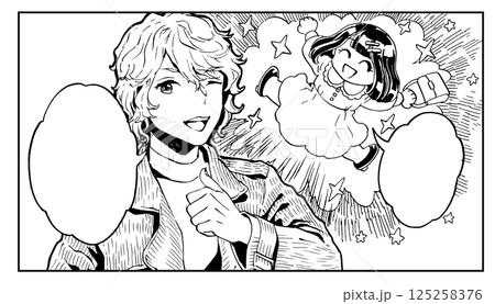 コマ割り漫画風・ギャグ風に喜ぶ女性とグーサインで決めポーズの男性のイラスト 125258376