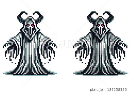 Pixel art dark figure with red glowing eyes curved horns claw-like hands wearing a tattered robe evoking an eerie retro vibe 125258526