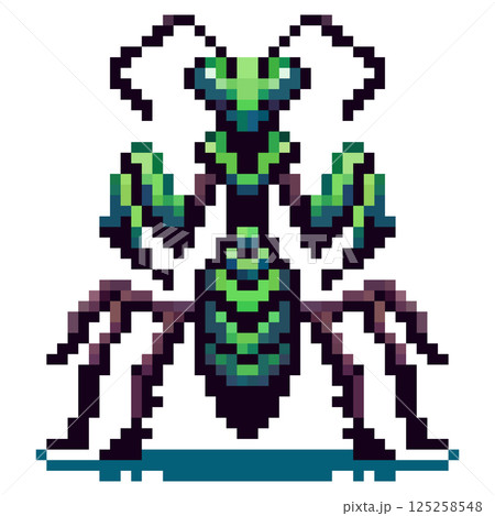 Pixel art image depicting a vibrant green praying mantis with detailed segments and realistic front legs in a striking position Pixel art image depicting a vibrant green praying mantis with detailed segments and realistic front legs in a striking position 125258548