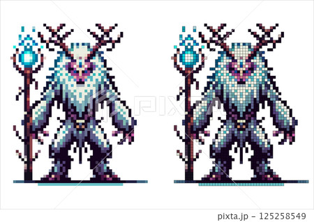 Pixel art fantasy creature with white fur antlers holding a glowing staff with a blue orb isolated on a white background 125258549