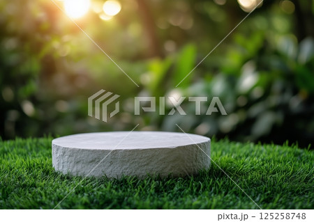 Natural Stone Pedestal on Lush Grass With Soft Sunlight During Golden Hour AI Generative Natural Stone Pedestal on Lush Grass With Soft Sunlight During Golden Hour AI Generative 125258748