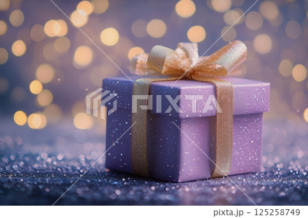 Purple Gift Box With Gold Ribbon Sits Against Bokeh Lights in Soft Evening Glow AI Generative Purple Gift Box With Gold Ribbon Sits Against Bokeh Lights in Soft Evening Glow AI Generative 125258749