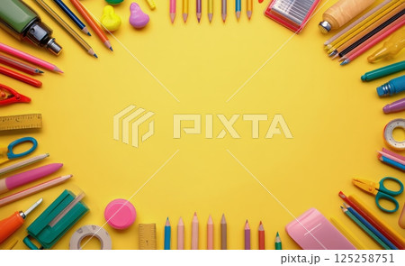 Colorful Stationery Items Arranged on a Yellow Background for Creative Projects and School Supplies AI Generative Colorful Stationery Items Arranged on a Yellow Background for Creative Projects and School Supplies AI Generative 125258751