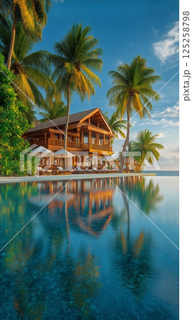 Stunning Sunset View From a Luxury Resort by the Pool With Palm Trees AI Generative 125258798