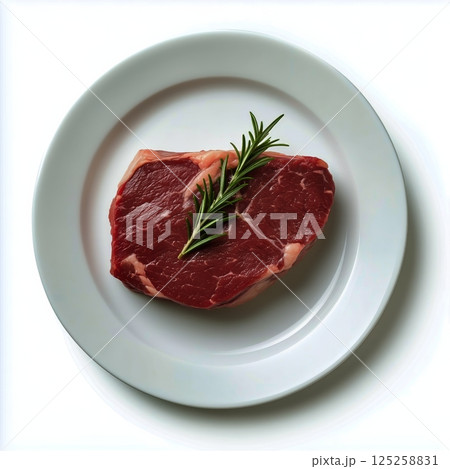 Fresh Raw Steak on a White Plate Garnished With Sprig of Rosemary AI Generative 125258831