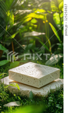 Delicious Tofu Block Resting on a Stone in a Lush Green Garden During the Golden Hour AI Generative 125258927