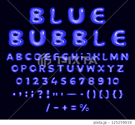 Acid blue neon bubble font set, vibrant liquid English alphabet, psychedelic fluid blobs, y2k glossy cartoon balloon vector 3D letters, numbers and punctuation marks. Intense amorphous collection 125259019